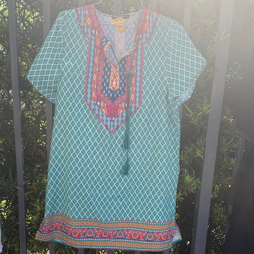 Vibrant Teal and Red Patterned Tunic
